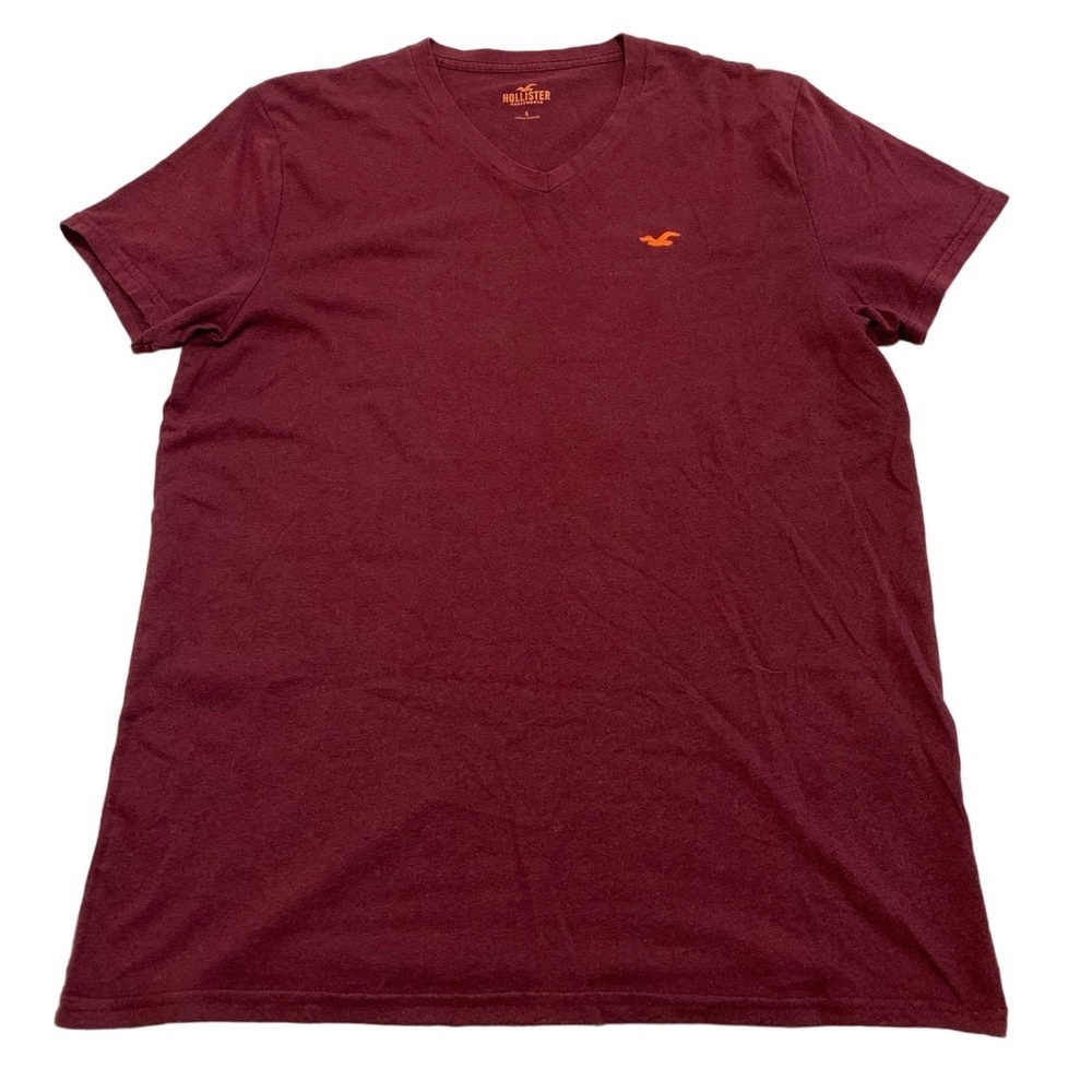 💜 Hollister Men's V-Neck T-Shirt with Embroidered Logo, Maroon/Burgundy, Size S